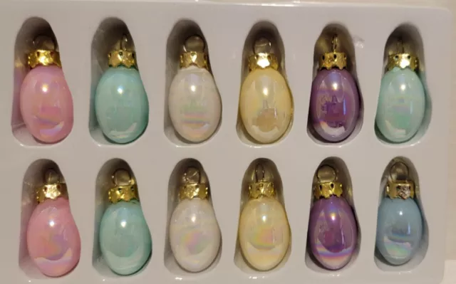 Vintage Mini Glass Easter Egg Ornaments Iridescent 1.25" Pastels Set Of 12