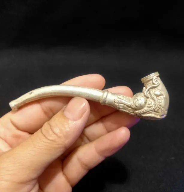 Collect Noble copper tibet silver carved dragon Cigarette holder smoking pipe