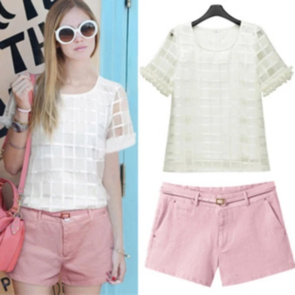 set 2 pezzi maglietta camicia blusa e pantaloncini con cintura  donna party