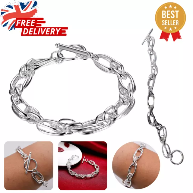 Solid 925 Sterling Silver Double Chain Bangle Bracelets Women's Jewelry UK