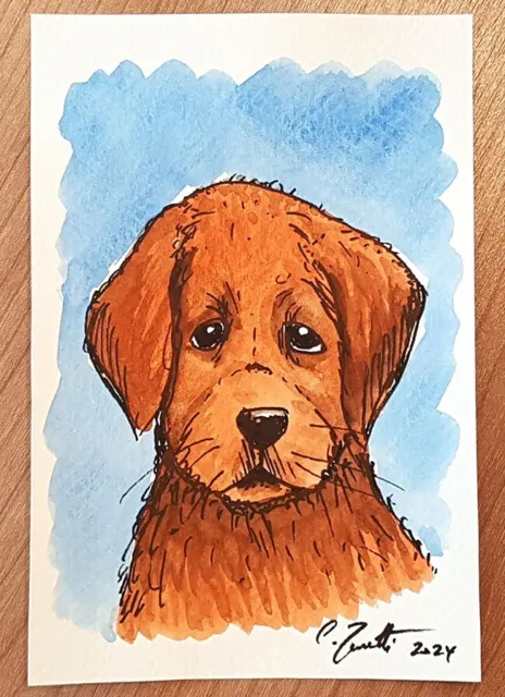 CHRIS ZANETTI Original Watercolor Painting DOG Puppy Pet Animal 6"x4" Signed Art