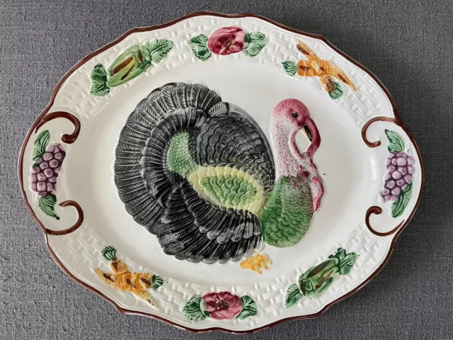 Vintage Turkey Platter California Pottery 18” Embossed Thanksgiving Holiday