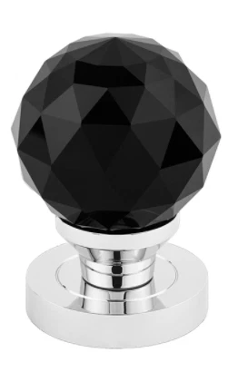 Bouton de porte CRISTAL NOIR, plaque ronde, rotative, ensemble, verre/chrome NEUF !!