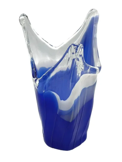 Vintage Cobalt Blue White Clear Swung Vase Hand Blown Art Glass Ribbed 10”