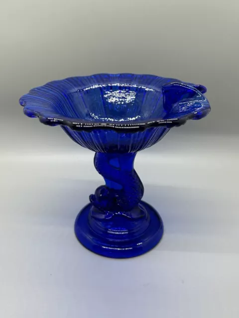 Vintage Northwood Cobalt Blue Glass Koi Fish Compote Candy Pedestal Dish 5”