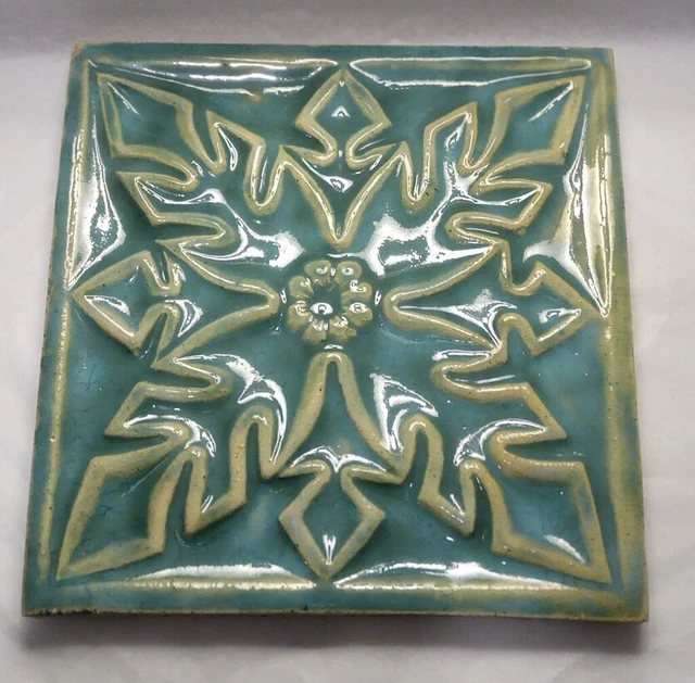 Ceramic Tile Snowflake Turquoise Embossed  6"  Glazed Portugal Antique