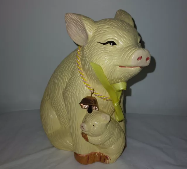 Sitting Mama Pig with Baby Piggy Bank Collar Bell Country Farm House Barn Yard 