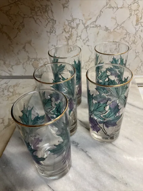5 MCM Gay Fad Glass Tumblers Libbey Green & Purple Maple Leaves 5.5”