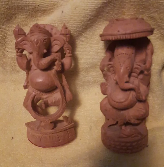 2  Vintage India Folk Art Hand Carved Wood Elephant Statue  6" Figurine