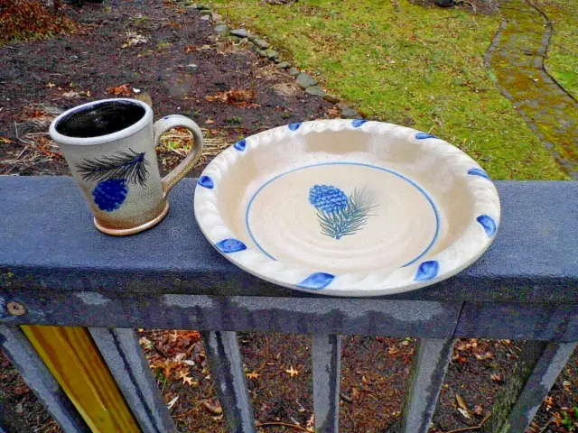 Rowe Pottery Pie Plate and matching Mug. Pine Cone Branch Design