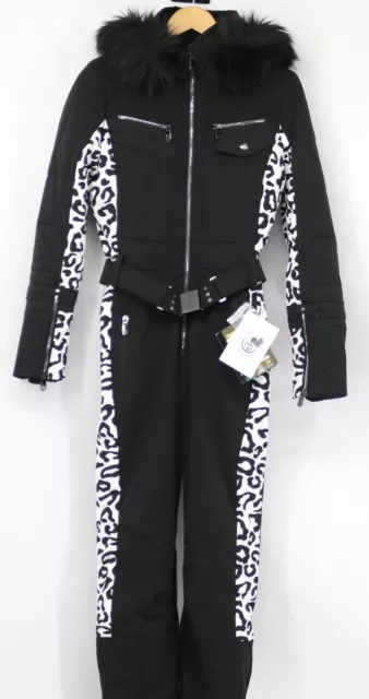 Poivre Blanc Leopard Womens Black Stretch Overall Ski Suit Uk S Rrp £680 Ad