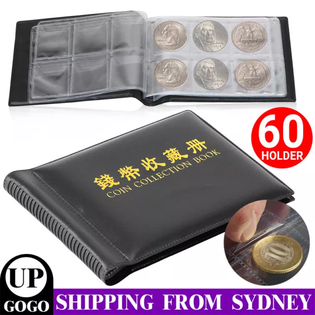 60 Slots Coin Album Holder Storage Collection Collecting Penny Pocket Book Black