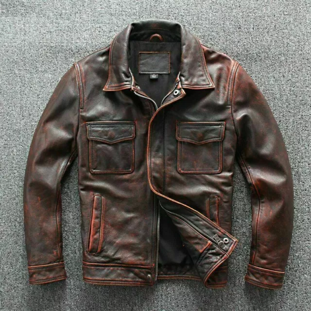 Men's Biker Motorcycle Cafe Racer Vintage Distressed Brown Real Leather Jacket