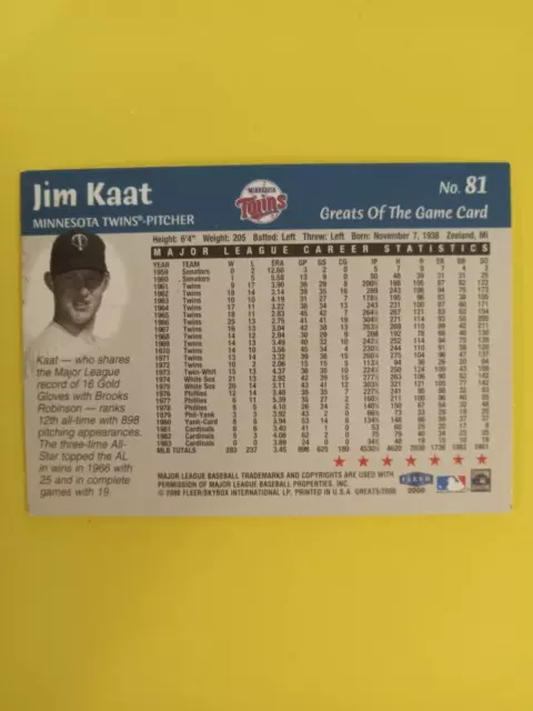 JIM KAAT, MINNESOTA Twins Pitcher Greats of the Game Card Single ...
