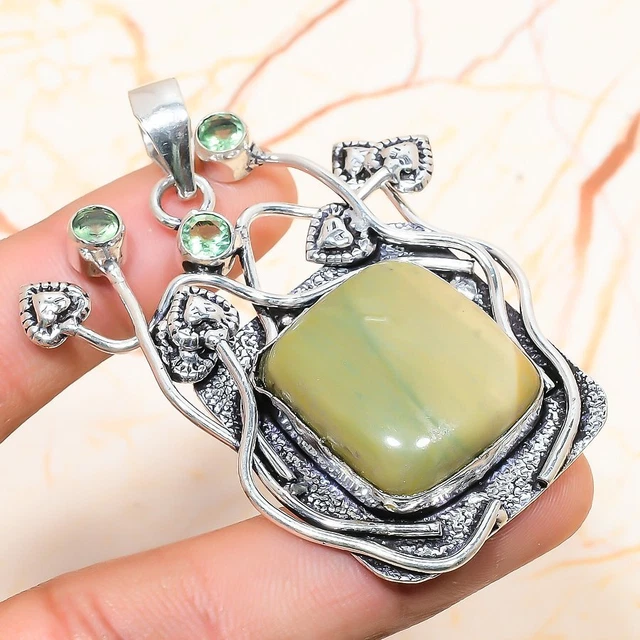 Swiss Green Opal, Tsavorite Gemstone Handmade Gift Jewelry Pendant 2.36" f722