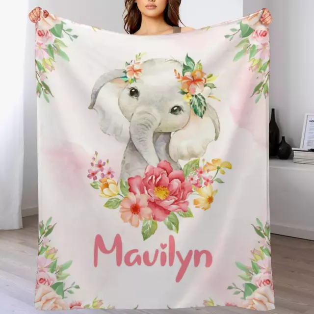 Elephant Baby Blanket Custom Name Baby Blanket Personalized Baby Girl Blanket