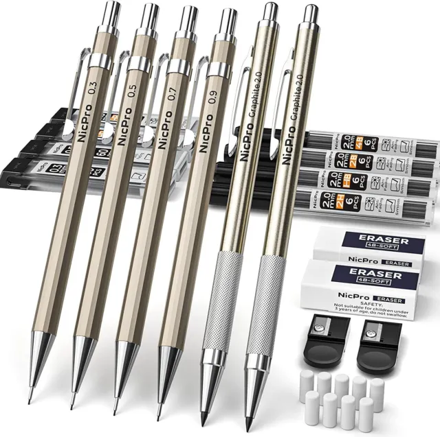 6 PCS Art Mechanical Pencils Set Metal, Artist Drafting Pencil Nicpro
