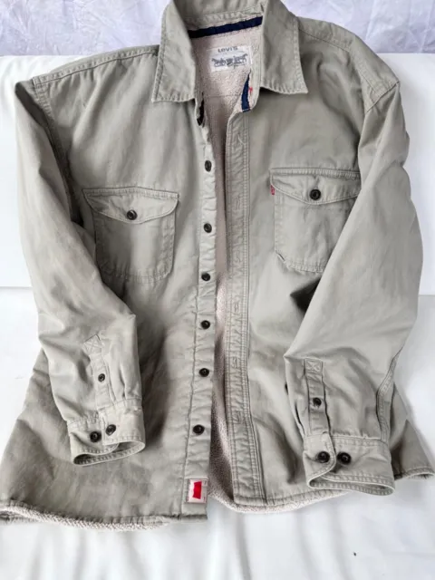 Levis Fleece Lined Trucker Jacket Shirt Khaki Tan Sherpa Lined Mens XL