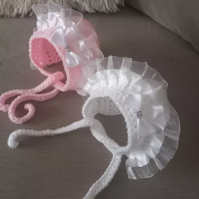 2 new handmade bonnets Bling White Pink baby crochet 0-3 Months Traditional