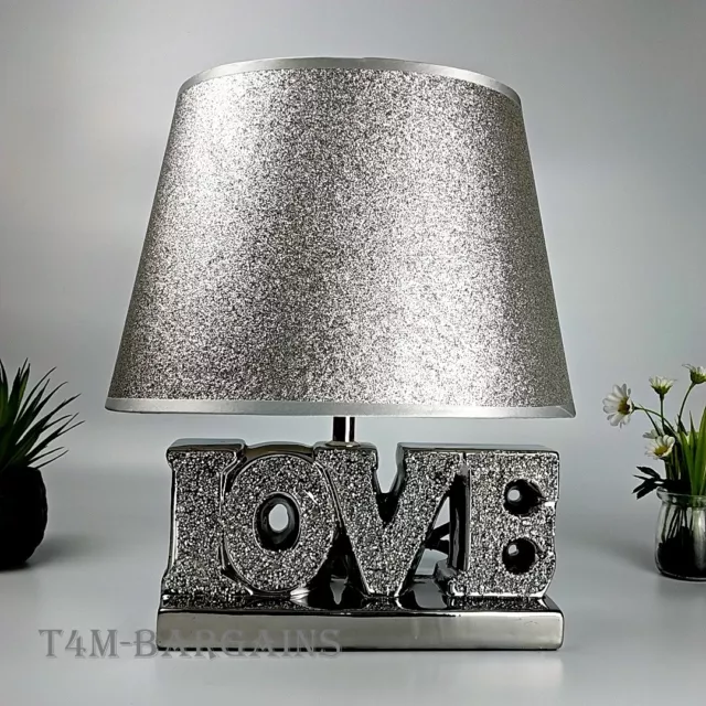 Table Lamp With Shade Crushed Diamond Ceramic Base Silver Sparkling Bedside LED 3