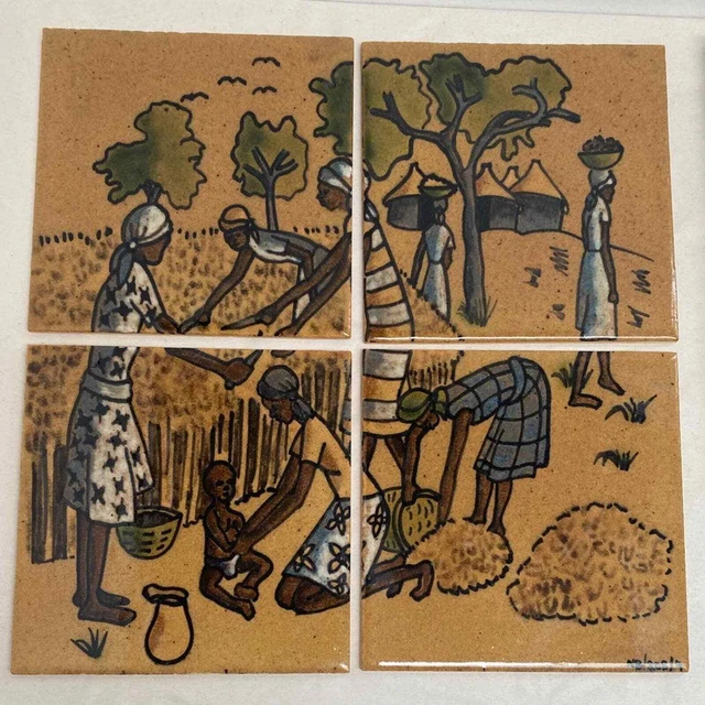 Folk Art Village Scene African Hand Painted Tile Set of 4