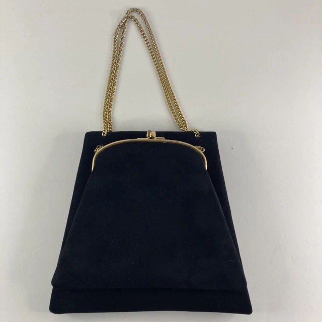 Rosenfeld Vintage Black Suede Evening Bag with Side Pouch Brushed Gold Rosenfeld Vintage Black Suede Evening Bag with Side Pouch Brushed Gold