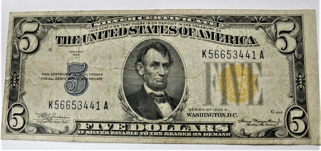 1934 A Five Dollar Silver Certificate! Serial# K56653441A! Vg+ Condition!