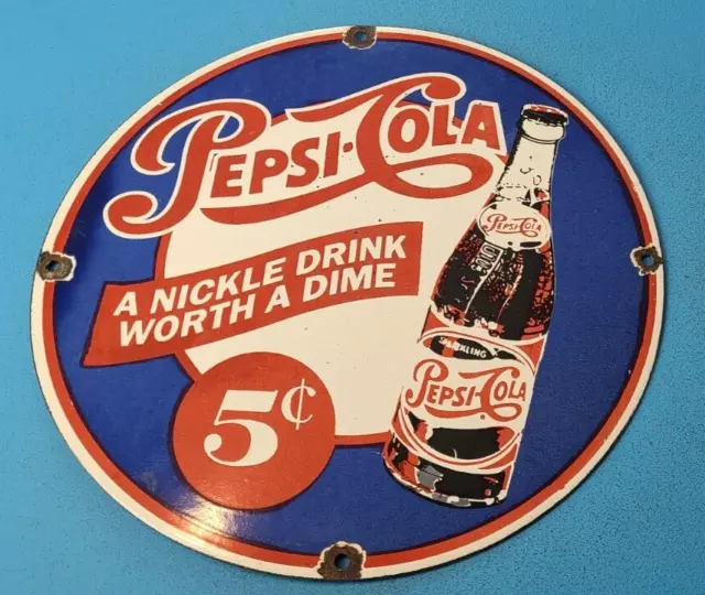 Vintage Pepsi Porcelain Glass Bottles 5 Cents Beverage Coca Cola Gas Pump Sign