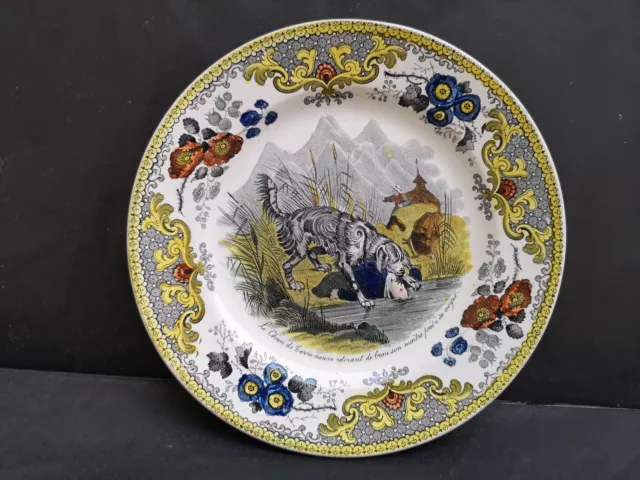 Assiette polychrome  creil thème Le chien de terre neuve sauvant son maitre