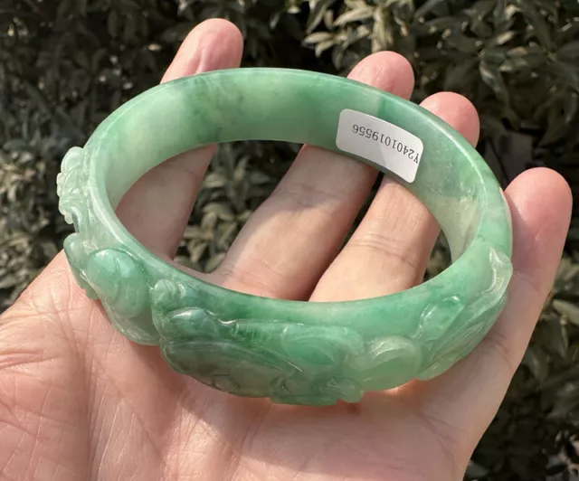 Certified Grade A Hand Carved Wide  Green jade jadeite bracelet bangle 63mm