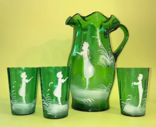 Victorian Mary Gregory Emerald Glass Blown Pitcher & Tumbler Set-Bohemia