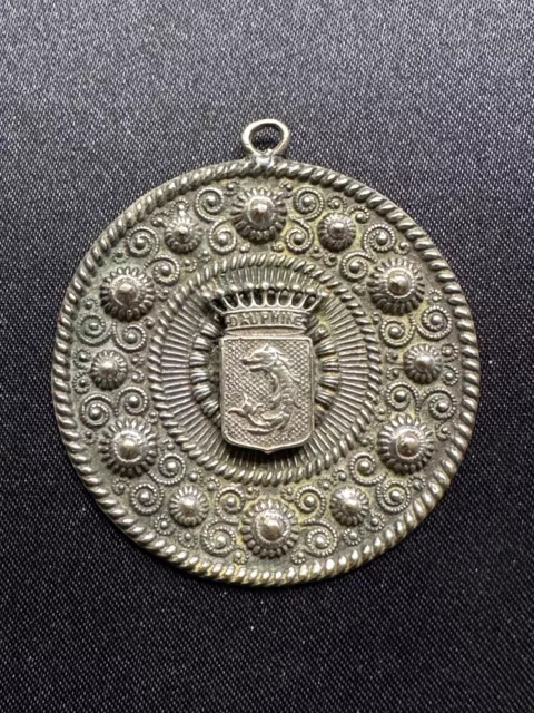 Raro Antico Francese Argento Ciondolo con Un Corona Reale E Stemma - 4.4cm