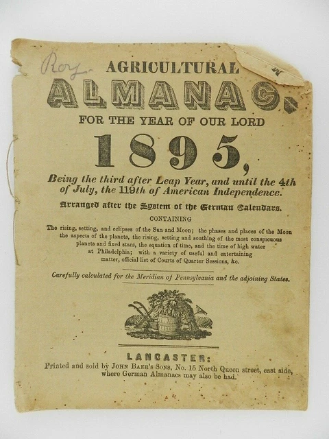 1895 Agricultural Almanac Printed & Sold by John Baer's Sons Philadelphia PA