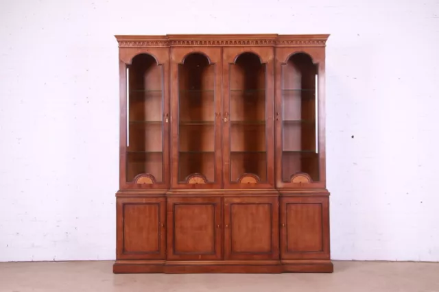 Henredon English Georgian Inlaid Yew Wood Breakfront Bookcase Cabinet