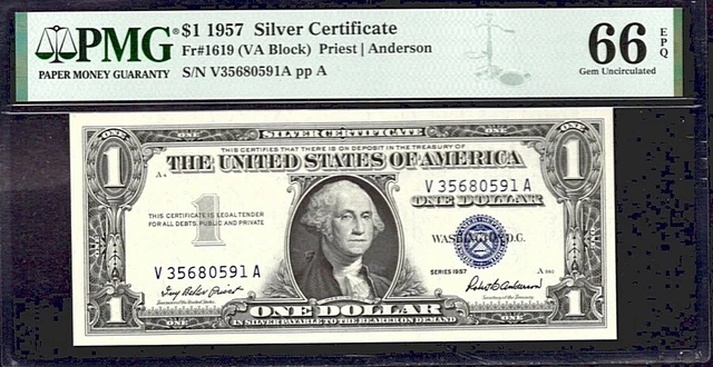 1957 $1 Silver Certificate Blue Seal FR 1619 Consecutive PMG 66 Gem UNC EPQ