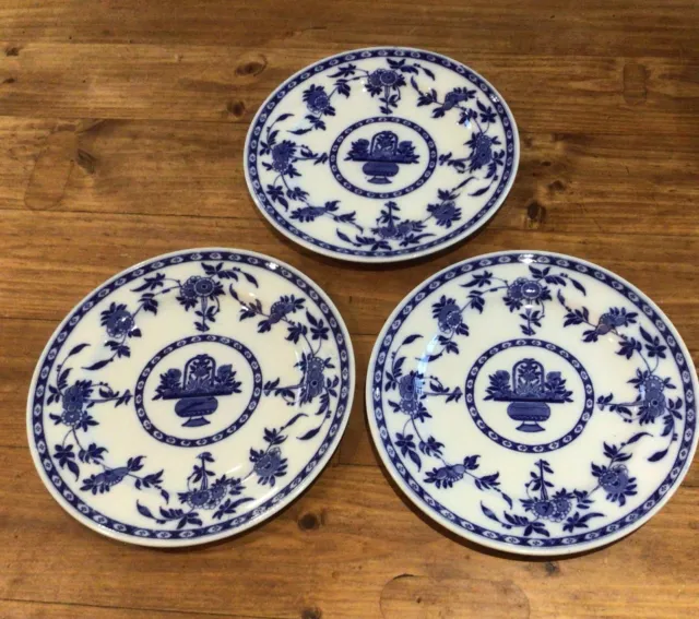 3 X Minton Blue And White Delft Dinner  Plates 26.5 Cm 10.1/2”  C1927 VGC