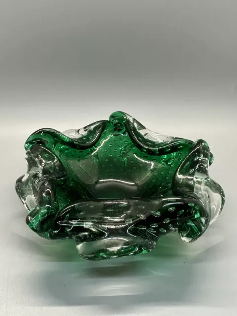 VTG Murano Hand Blown Dark Green Art Glass Bullicante Bowl Controlled Bubbles