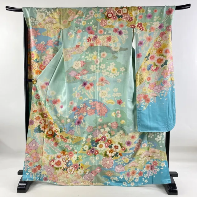Japanese Silk Kimono Vintage Furisode Gold Green Clouds Flower Grass Pink 66"