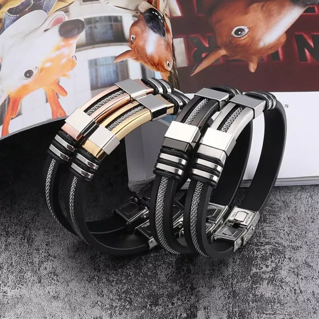 Fashion Mens Stainless Steel Leather Bracelet Wristband Punk Bangle Jewelry Gift 2