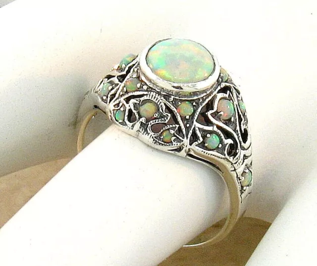 Victorian Style Antique Design 925 Sterling Silver Lab-Created Opal Ring    760X