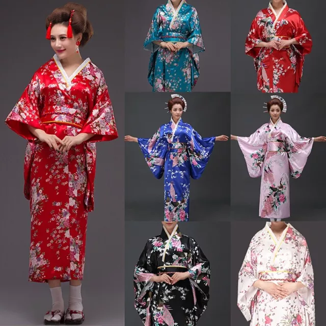Lady Floral Japanese Kimono Satin Robe Yukata Geisha Costume Show Cosplay Soft 2