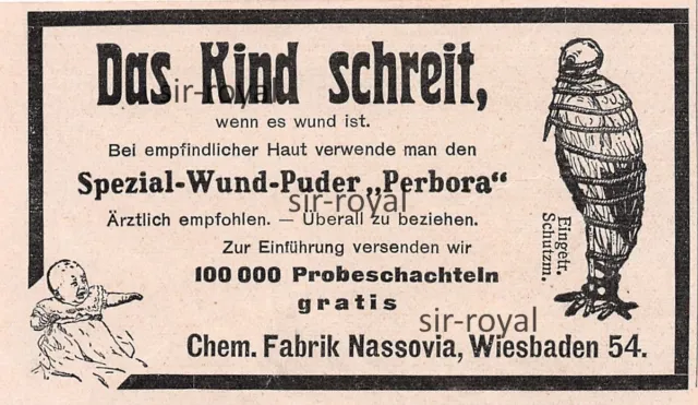 Perbora Wundpuder - Nassovia Wiesbaden - 1913 - Historische Werbung ~10x6cm