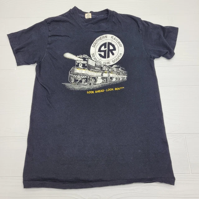 Vintage 70s Hanes Southern Railway Look Ahead Black Tshirt Size Medium