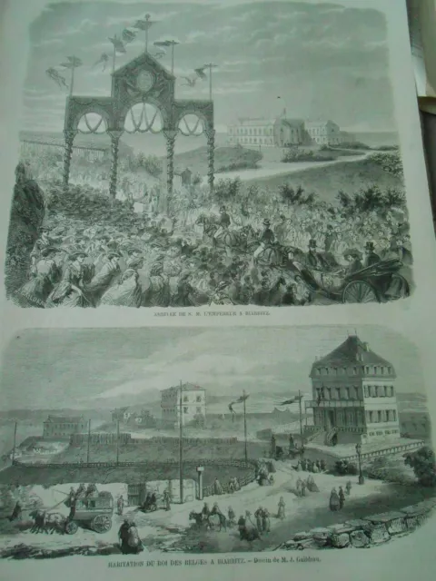 Gravure 1859 - Arrivée de l'empereur à Biarritz et Habitation Roi des Belges