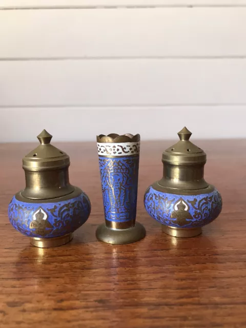 Vintage Brass and Enamel ?  Salt And Pepper Shakers Toothpick Holder Cruet Set
