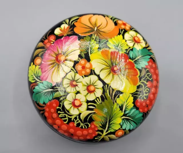 Hand Painted Ukrainian Wooden Trinket Box Lacquered Wood Floral Flowers Ukraine