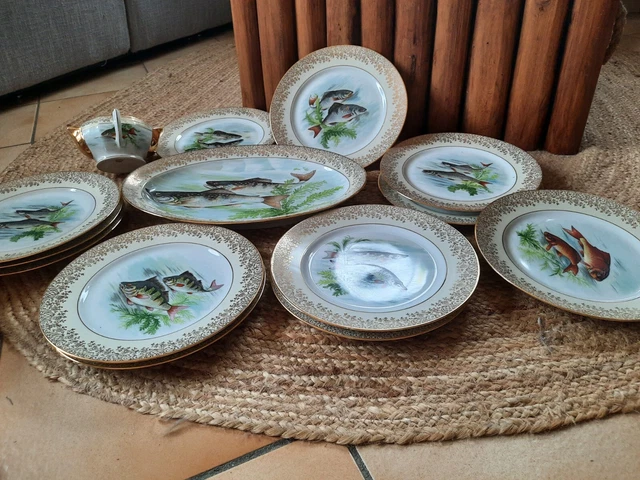 10 Anciennes Assiettes à Poisson en Porcelaine de Limoges - Vintage