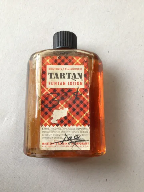Vintage Tartan Suntan Lotion Bottle 4 oz. Full McKesson & Robbins