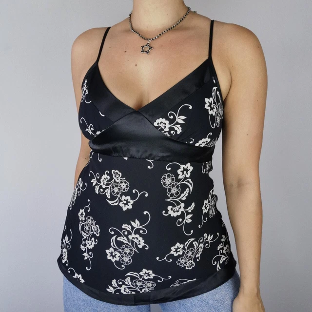 y2k new look floral cami top uk 14 12 black white floral satin blouse glam 00s
