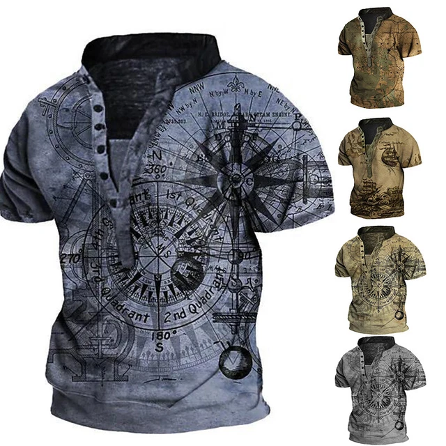 Uomo Scollo V Rétro T Shirt Casual Largo Henley Bottoni Top Manica Corta Maglia